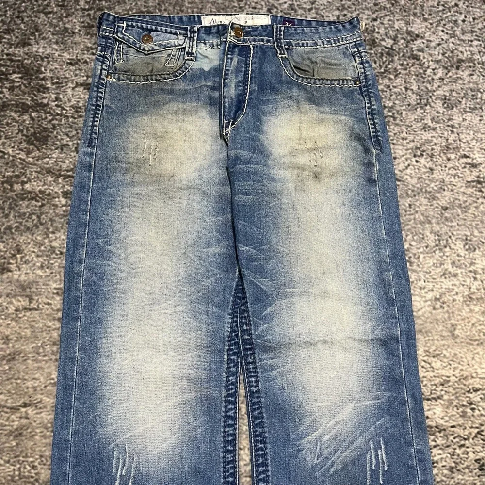 Akoo Jeans Mens 36x32 Blue Embroidered Denim Flap Pockets Streetwear Vintage Y2K